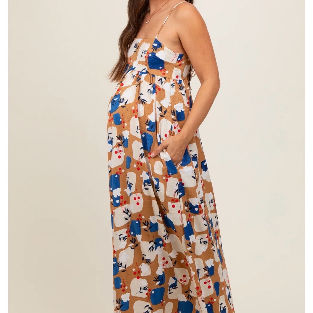 BUCKETLIST Strapless Floral Maxi Dress in Camel, Navy, Red & White
